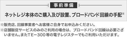 【事前準備】ネットレジ本体のご購入及び設置、ブロードバンド回線の手配※販売店、回線事業者へお客様ご自身でお申込みください。